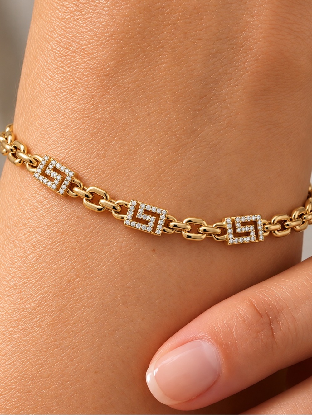 14K Gold Plated Real Zircon Greek Key Thin Link Bracelet Meander Statement Jewel